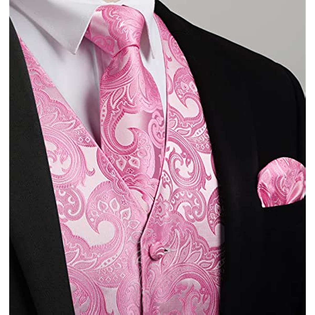 Hisdern Men's Pink Paisley Vest Tie Set For Weddings