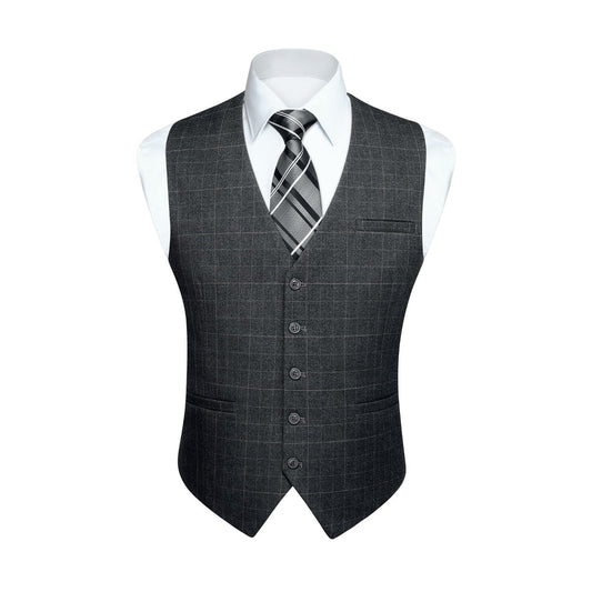 Hisdern Men's Charcoal Grey Plaid Wedding Vest For Skinny Guys