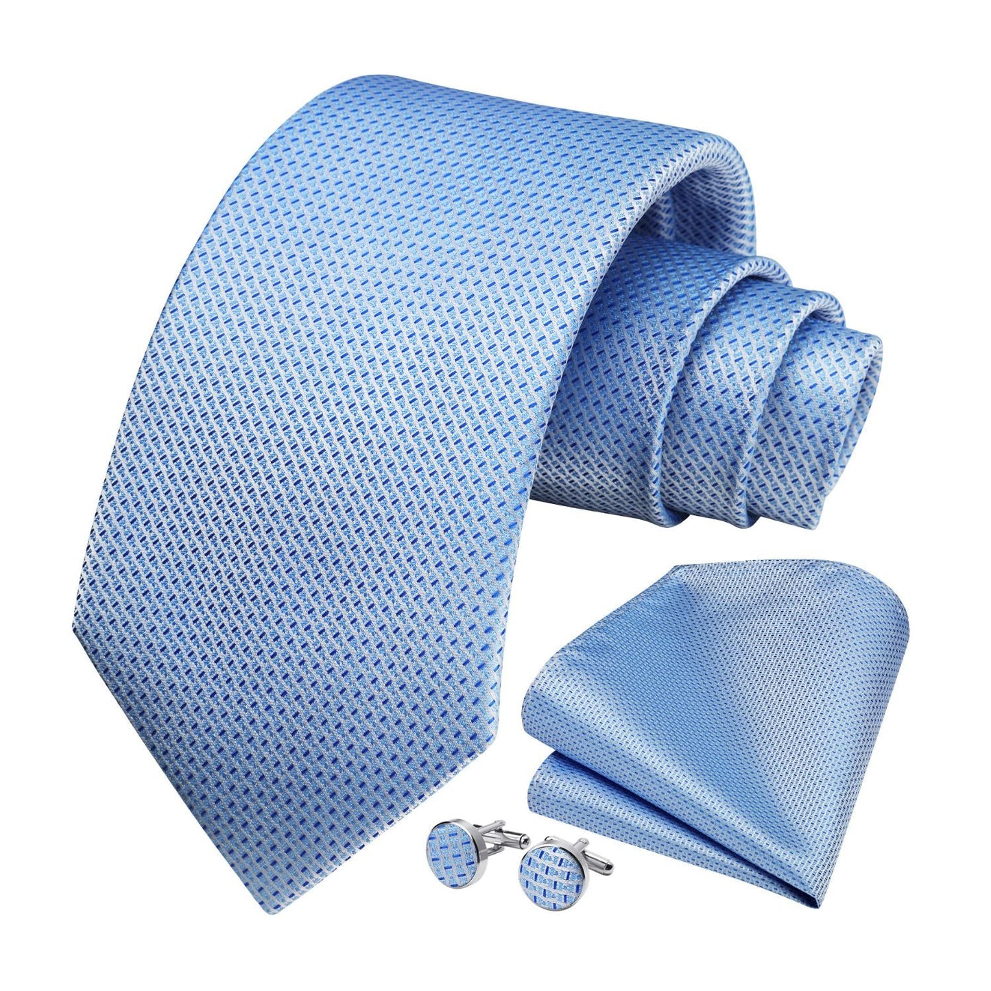 Hisdern Baby Blue Plaid Wedding Accessories Set with Cufflinks