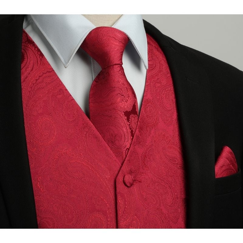 Hisdern Men's Burgundy Paisley Vest Tie Set For Weddings Anniversary