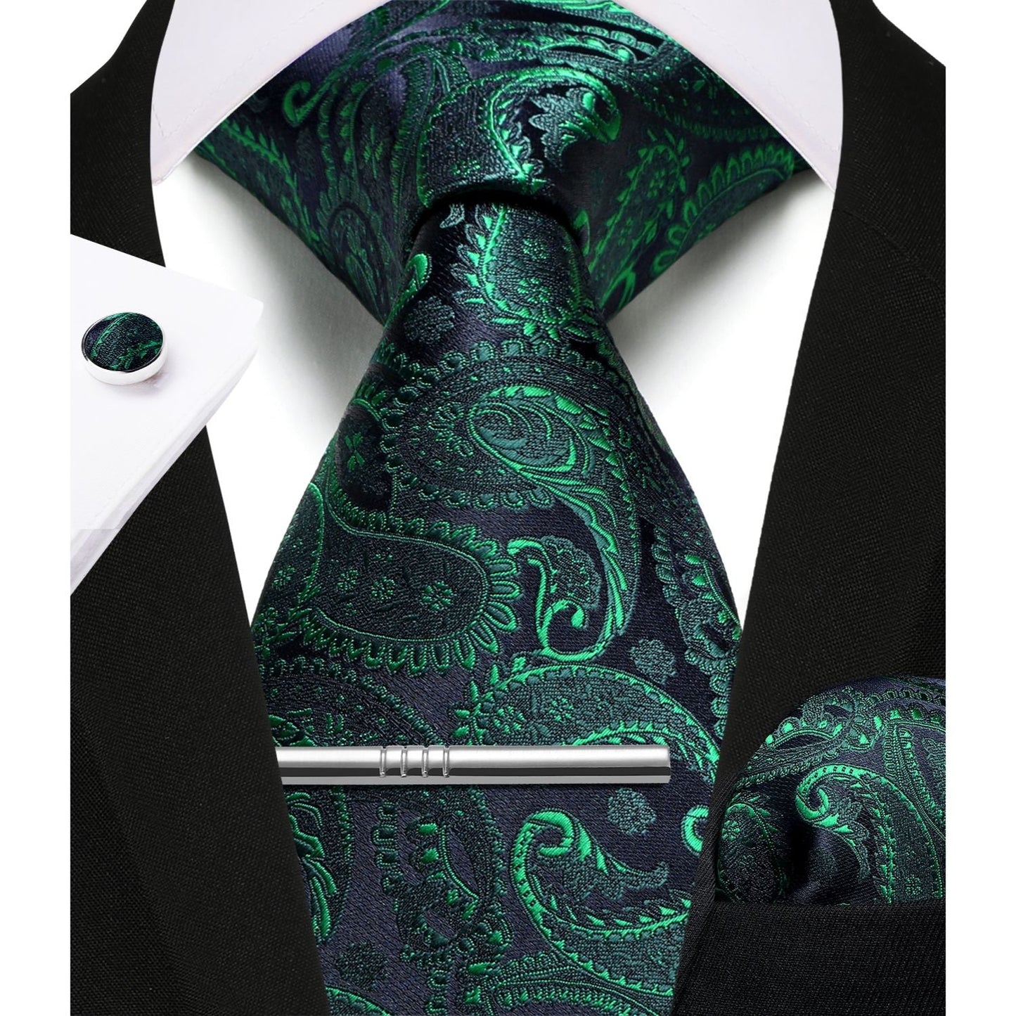 Hisdern Green Paisley Wedding Accessories Set with Cufflinks Clip