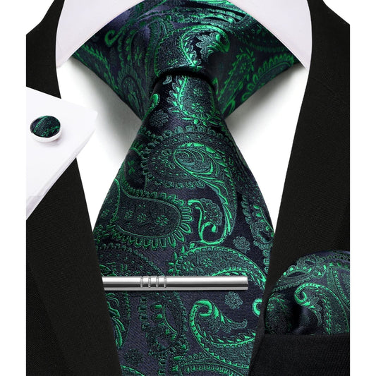 Hisdern Green Paisley Wedding Accessories Set with Cufflinks Clip