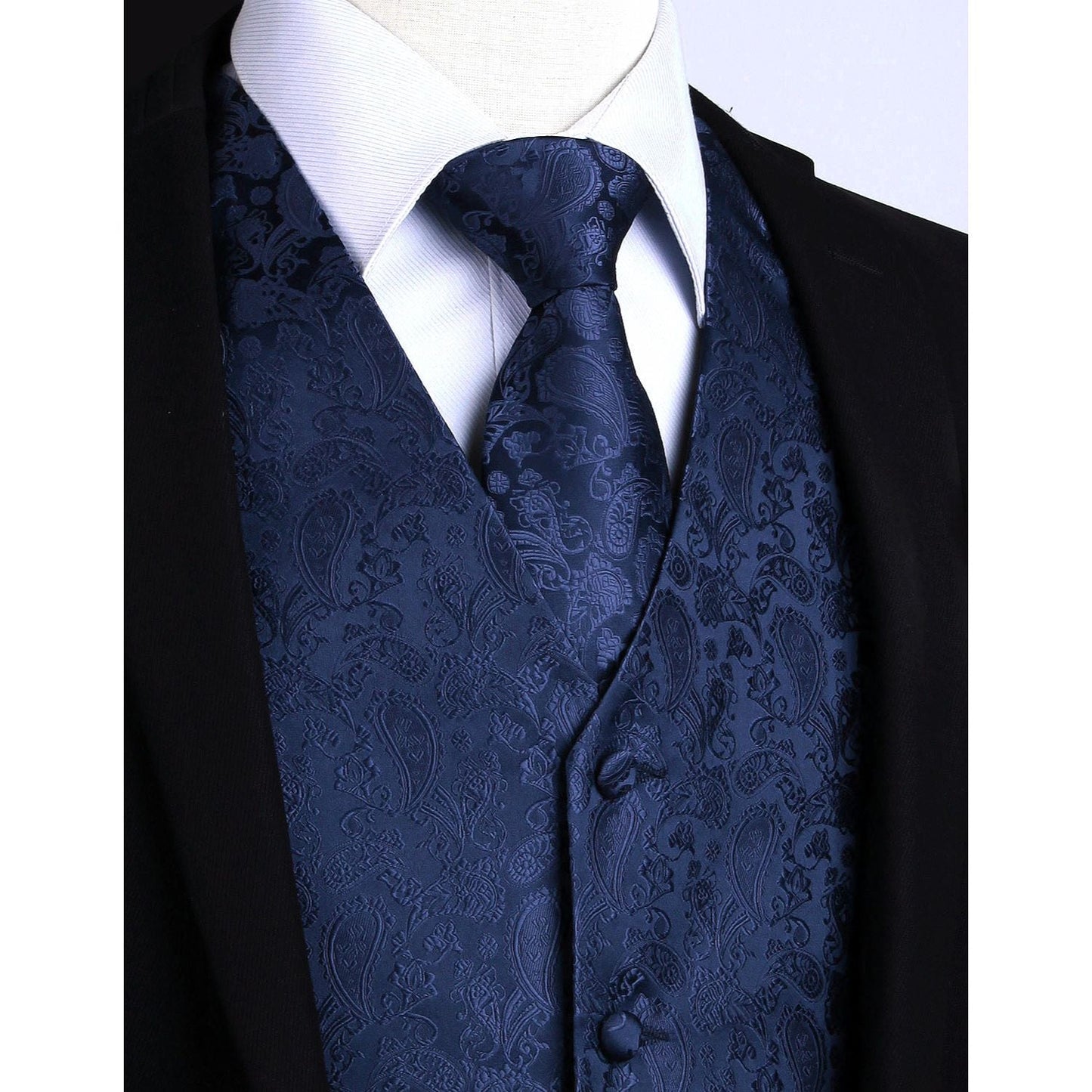 Hisdern Men's Navy Blue Paisley Vest Tie Set For Weddings Anniversary
