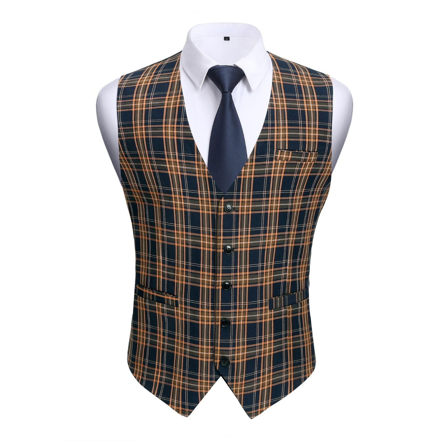 Hisdern Men's Brown Blue Plaid Slim Suit Vest Formal Wear