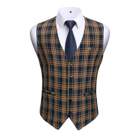 Hisdern Men's Brown Blue Plaid Slim Suit Vest Formal Wear