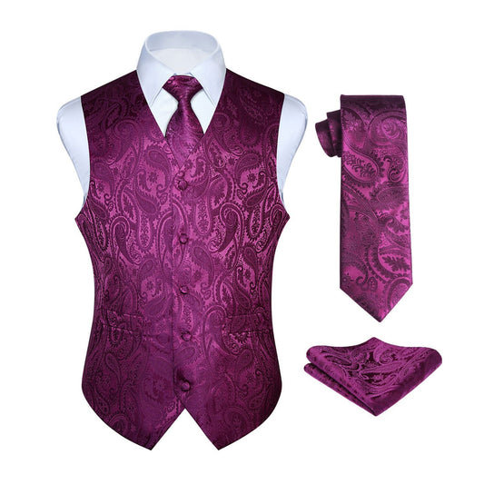 Hisdern Men's Purple Paisley Vest Tie Set For Weddings