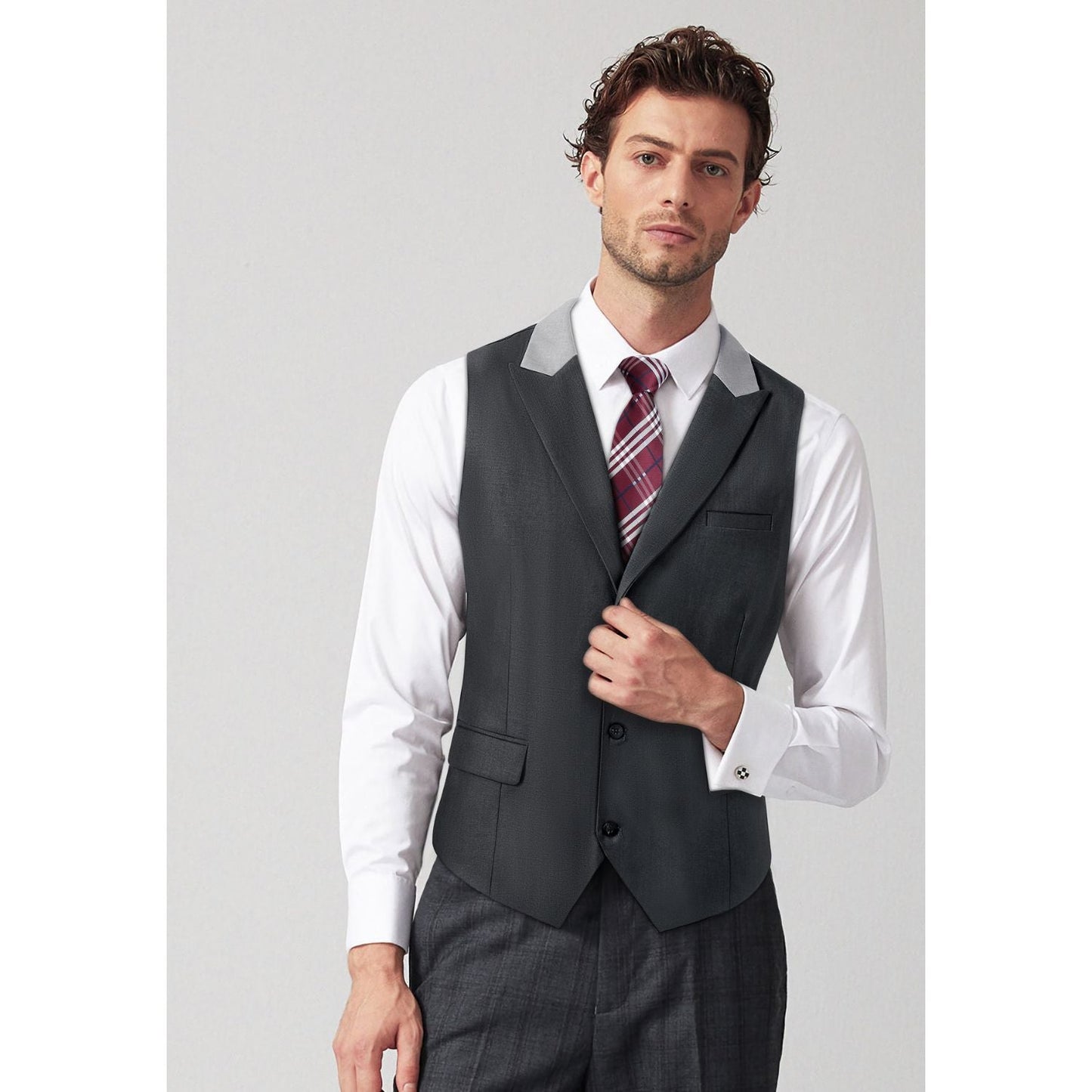 Hisdern Men's Charcoal Satin Suit Vest with Lapel Formal Wear