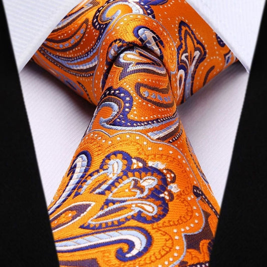 Hisdern Orange Navy Blue Paisley Tie Set For Formal Wear
