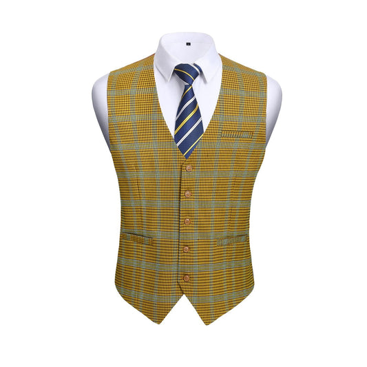 Hisdern Men's Yellow Plaid Wedding Vest For Skinny Guys