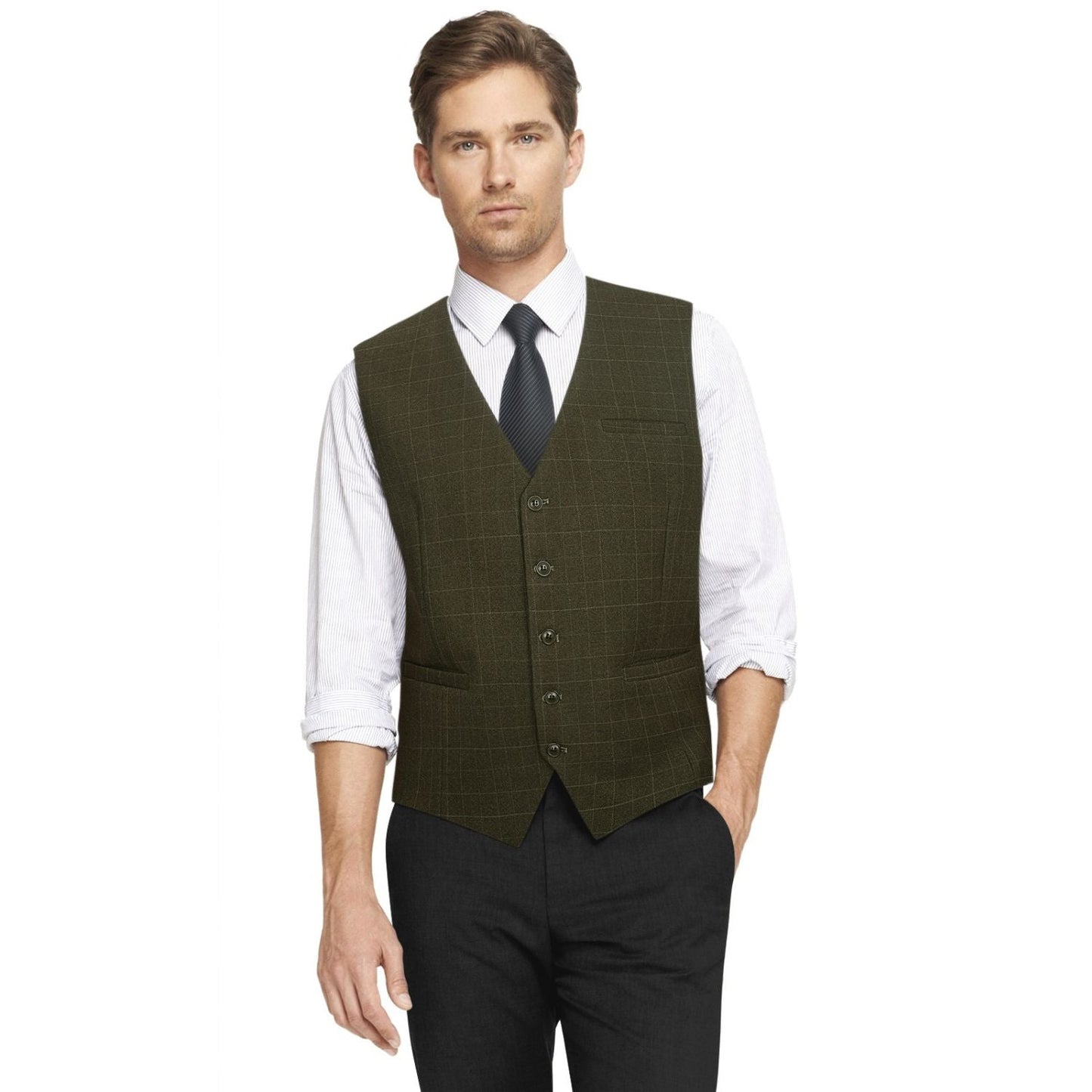 Hisdern Men's Olive Green Plaid Slim Suit Vest Formal Wear