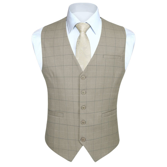 Hisdern Men's Beige Plaid Slim Suit Vest Formal Wear