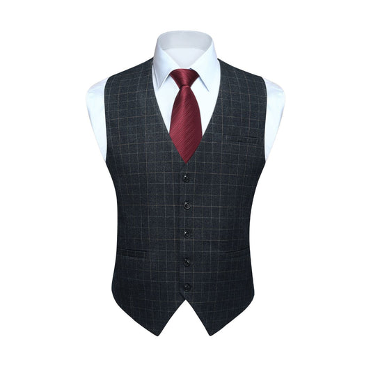 Hisdern Men's Dark Black Plaid Wedding Vest For Skinny Guys