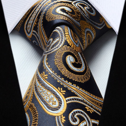 Hisdern Navy Blue Gold Paisley Tie Set For Formal Wear