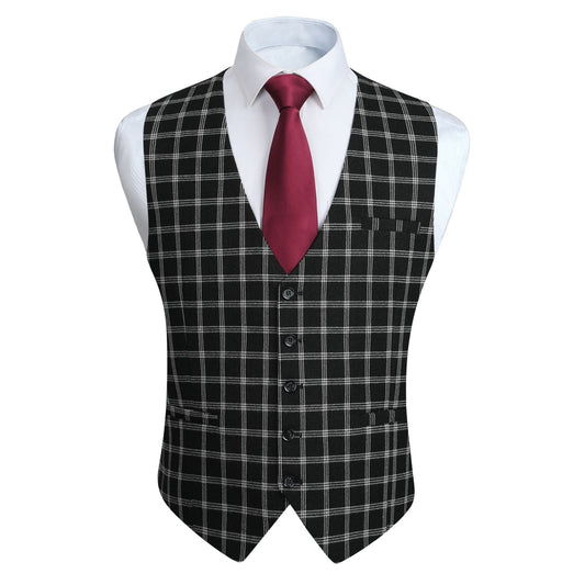 Hisdern Men's Black White Plaid Wedding Vest For Skinny Guys