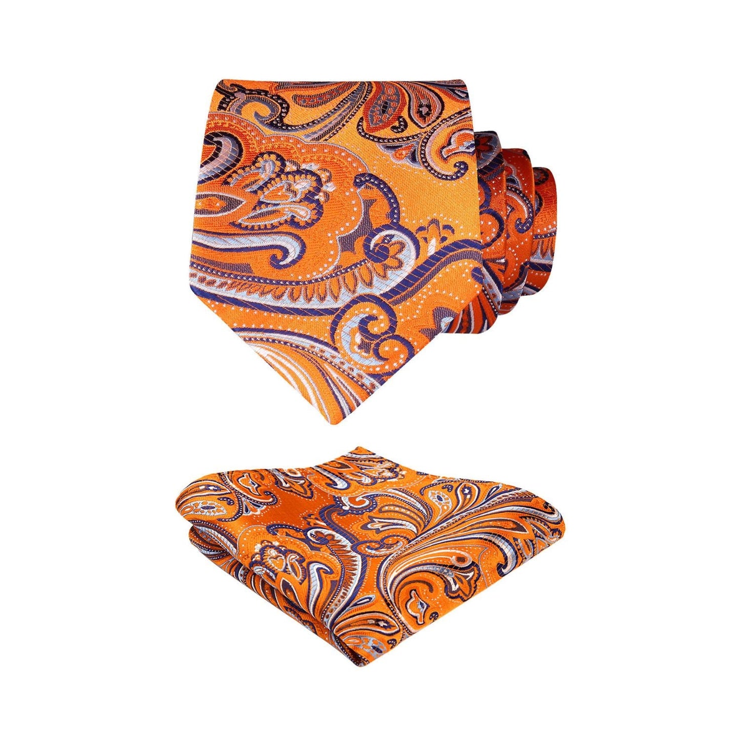 Hisdern Orange Navy Blue Paisley Tie Set For Formal Wear
