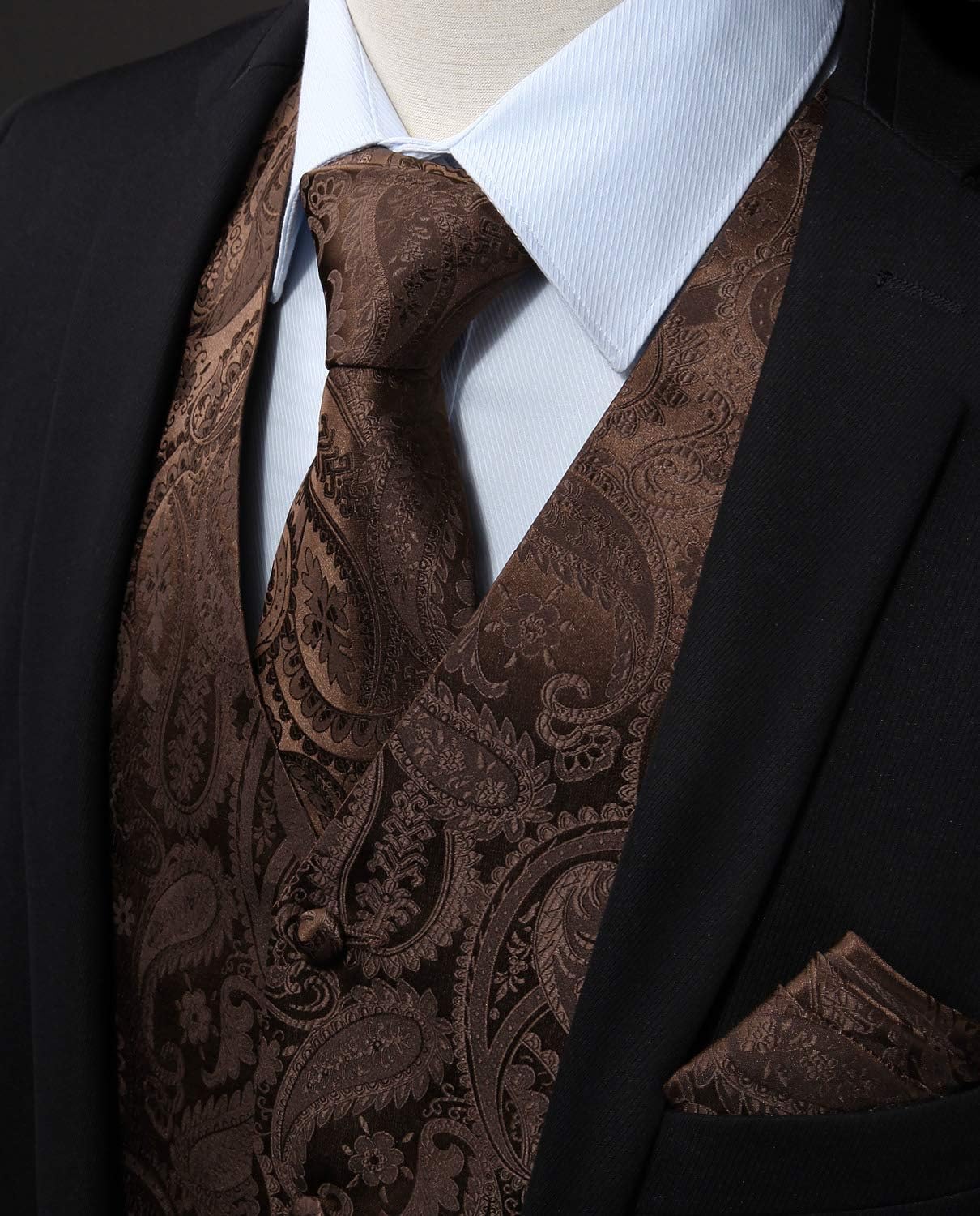 Hisdern Men's Brown Paisley Vest Tie Set For Weddings Anniversary