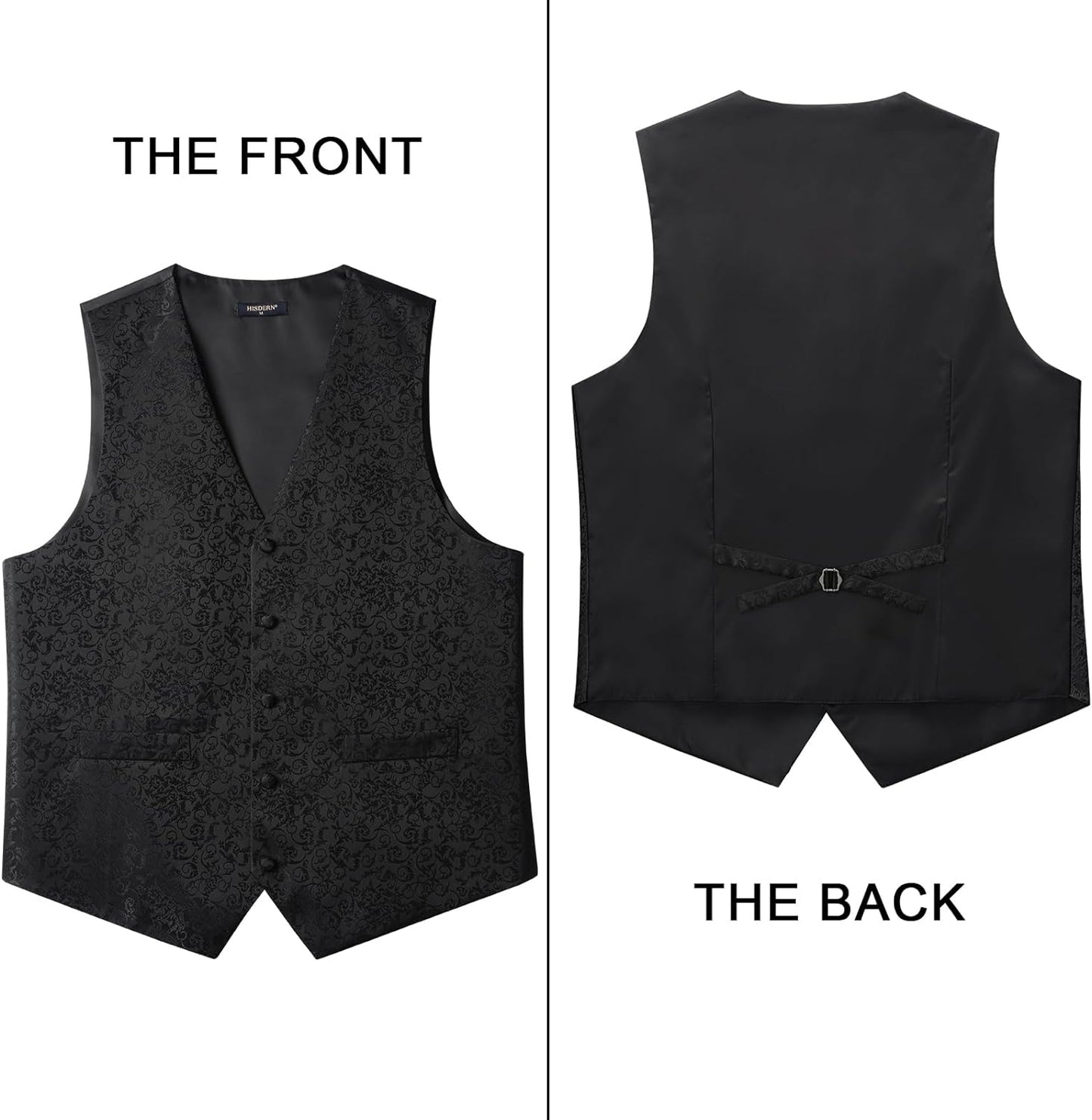 Hisdern Men's Black Floral Vest Tie Set For Weddings