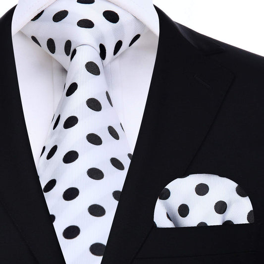 Hisdern White Polka Dot Print Tie Set For Formal Events