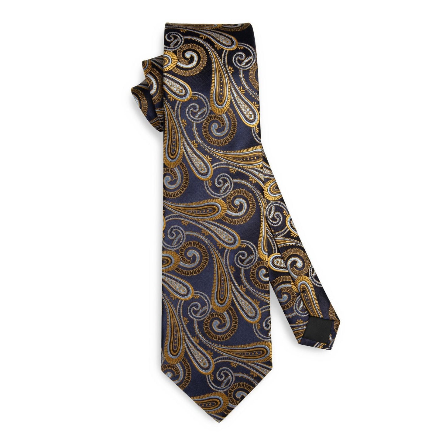 Hisdern Navy Blue Gold Paisley Tie Set For Formal Wear