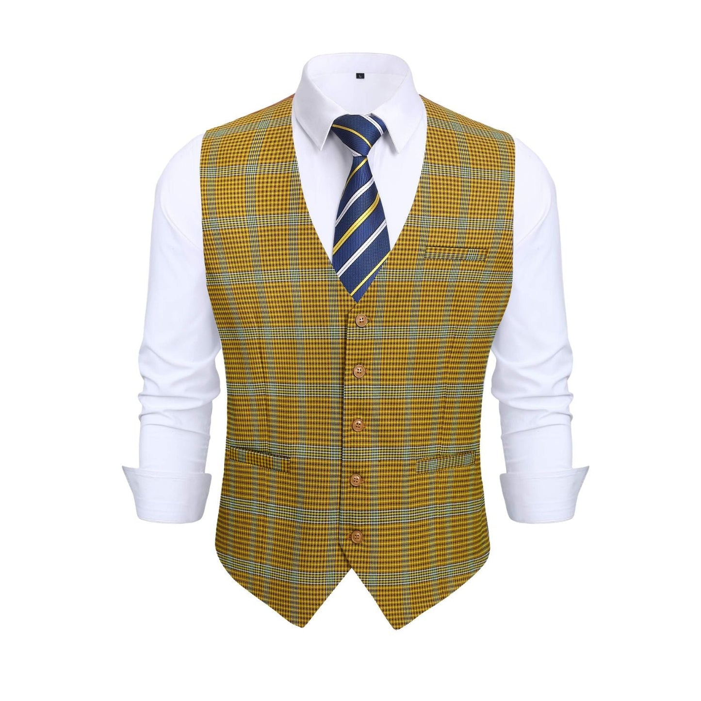 Hisdern Men's Yellow Plaid Wedding Vest For Skinny Guys