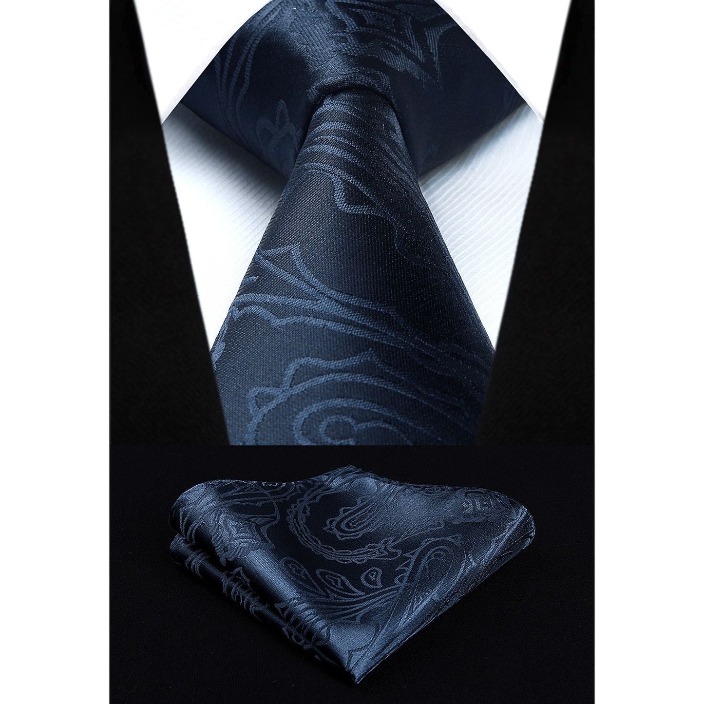 Hisdern Navy Blue Paisley Suit Vest Tie Handkerchief Set For Wedding