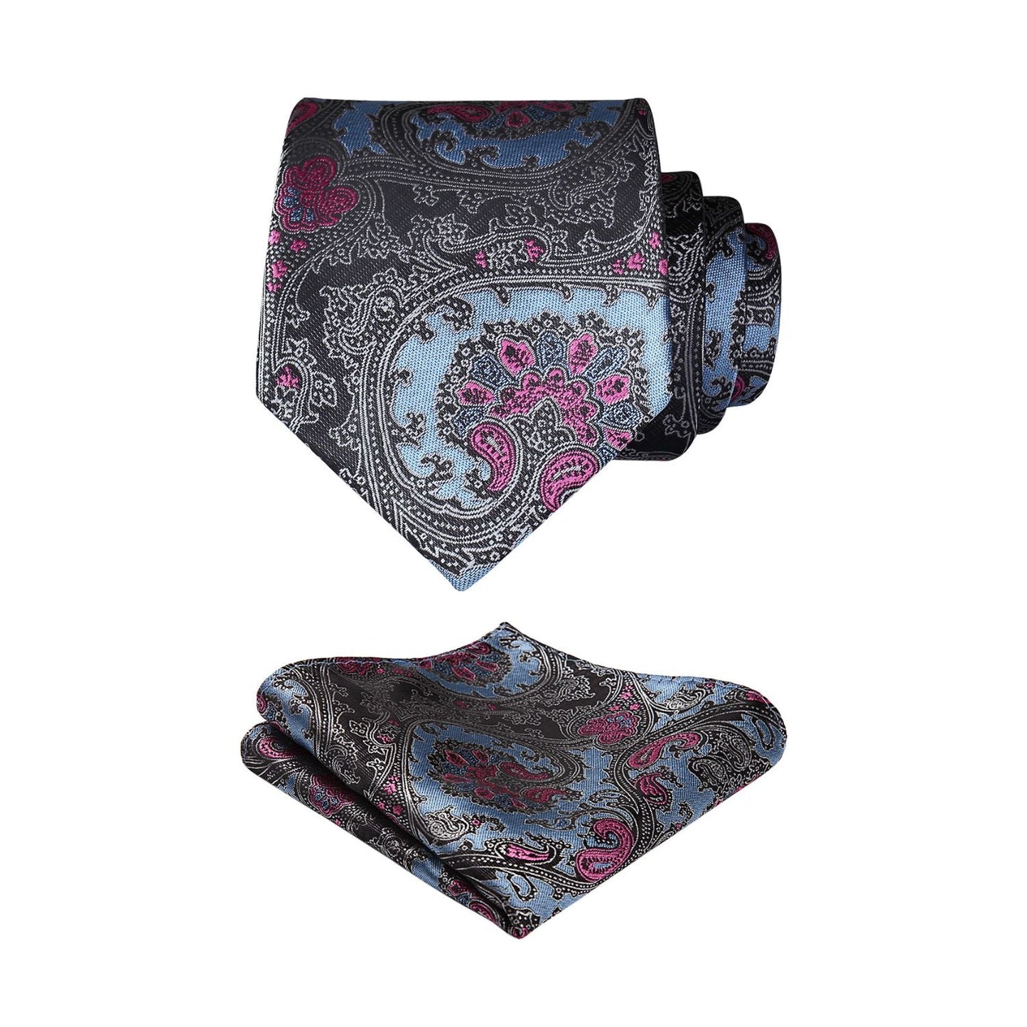 Hisdern Blue Pink Paisley Tie Set For Formal Wear