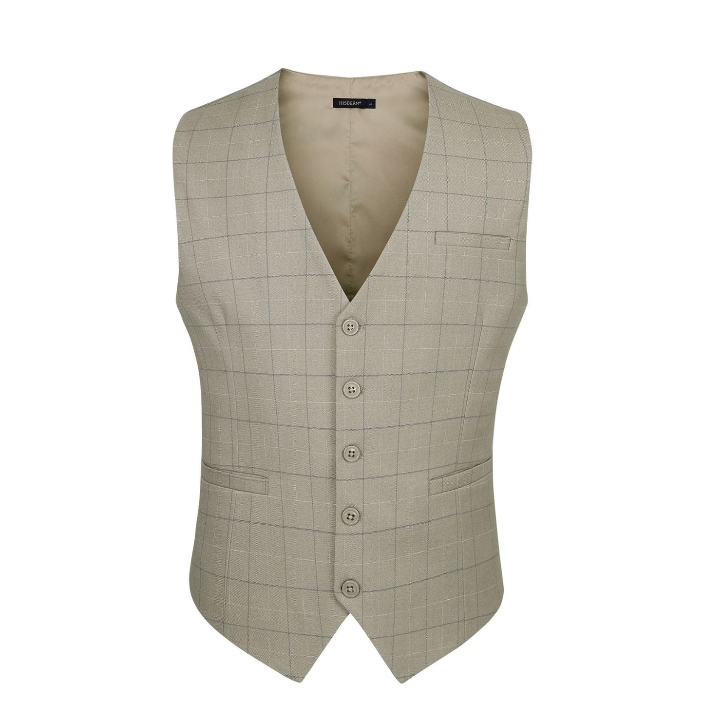 Hisdern Men's Beige Plaid Slim Suit Vest Formal Wear