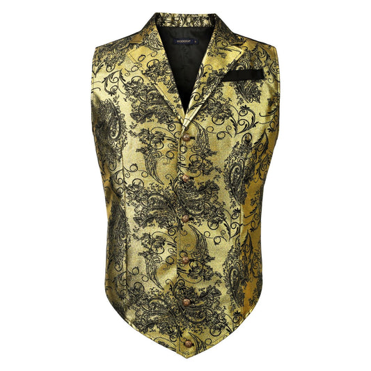 Hisdern Gothic Men's Formal Vest Gold Black Lapel Party Coat