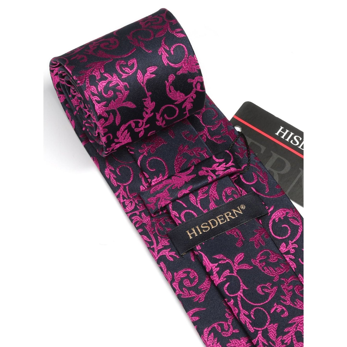 Hisdern Hot Pink Floral Wedding Tie Set with Cufflinks
