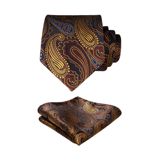 Hisdern Orange Brown Paisley Tie Set For Formal Wear