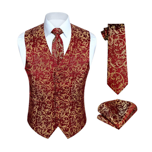 Hisdern Burgundy Paisley Floral  Silk-Lined 3pc Suit Vest Set for Weddings