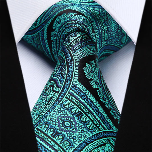 Hisdern Aqua Green Paisley Tie Set For Groomsmen