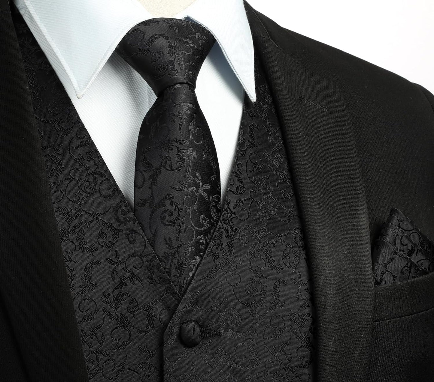 Hisdern Men's Black Floral Vest Tie Set For Weddings