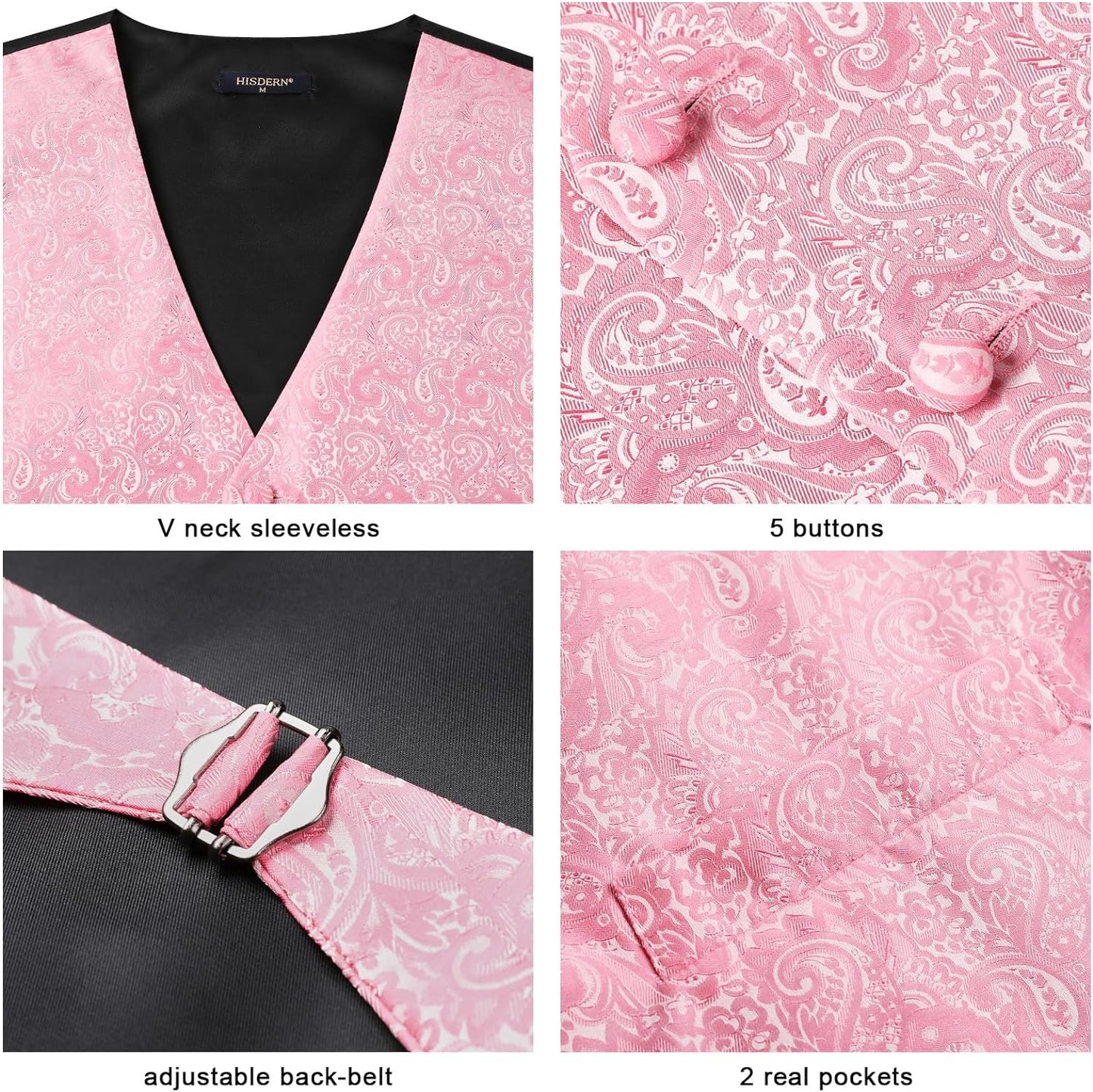 Hisdern Men's Pink Paisley Vest Tie Set For Weddings