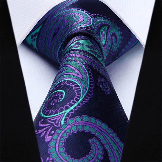 Hisdern Navy Green Purple Paisley Tie Set For Groomsmen