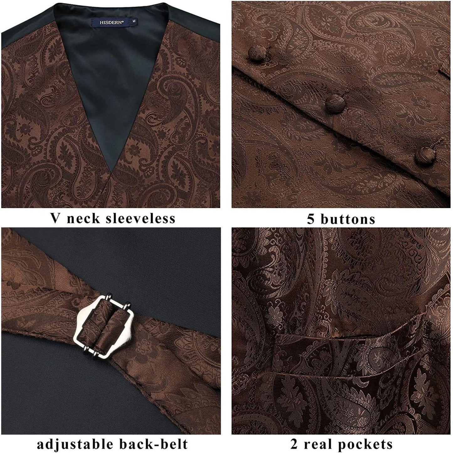 Hisdern Men's Brown Paisley Vest Tie Set For Weddings Anniversary