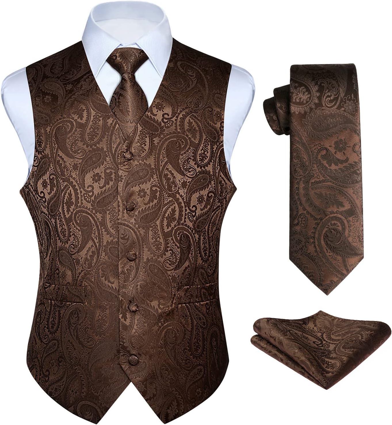 Hisdern Men's Brown Paisley Vest Tie Set For Weddings Anniversary