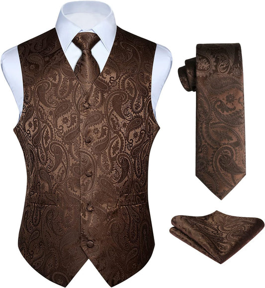 Hisdern Men's Brown Paisley Vest Tie Set For Weddings Anniversary