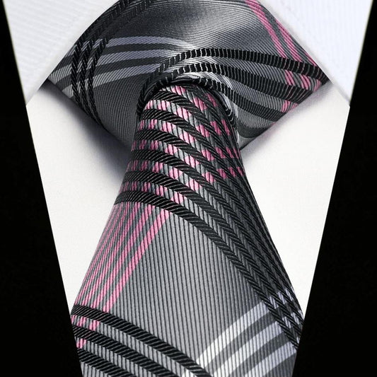 Hisdern Grey Pink Plaid Tie Set For Groomsmen