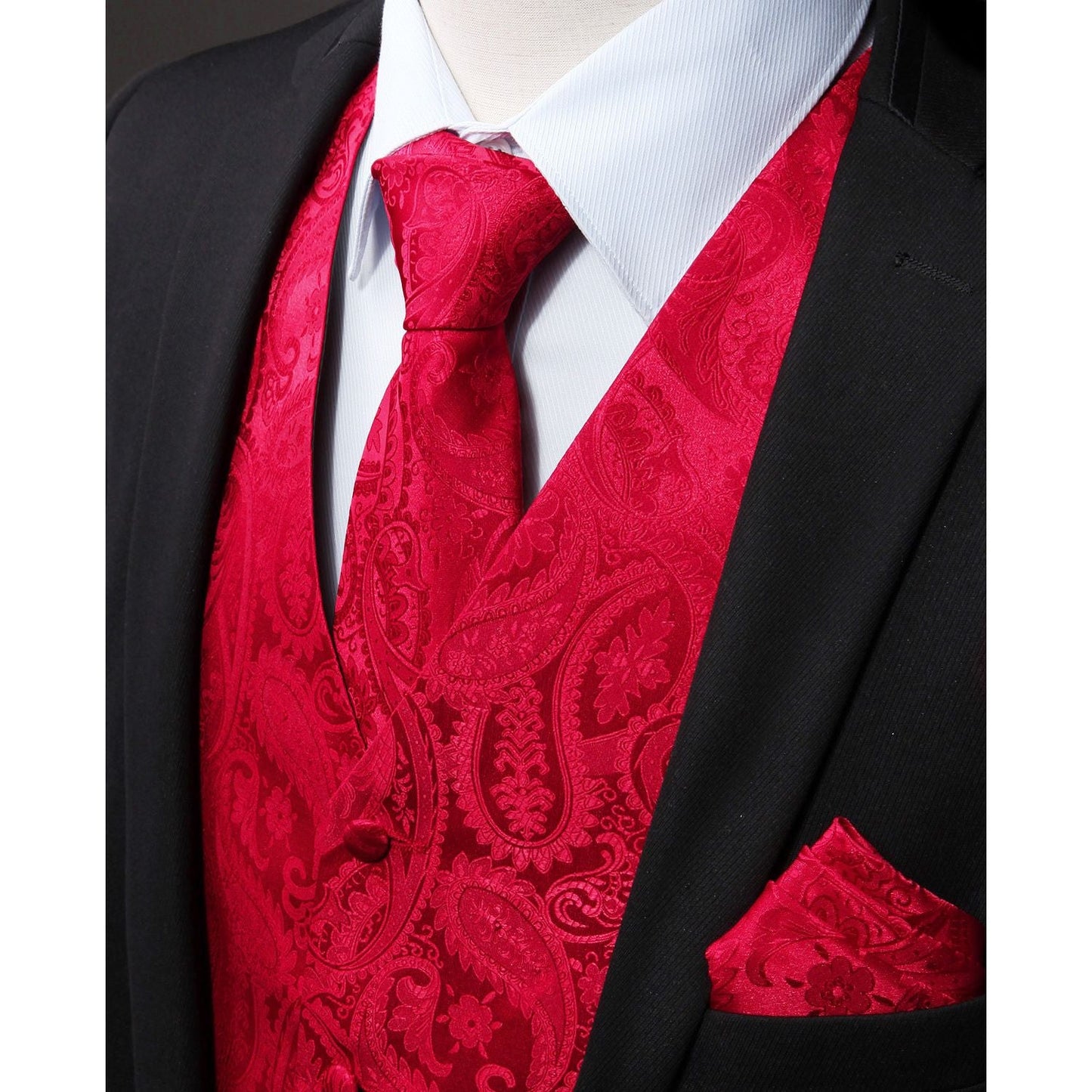 Hisdern Red Tailored Slim Fit Silk-Lined Dress Vest for Weddings & Tuxedo Pairing