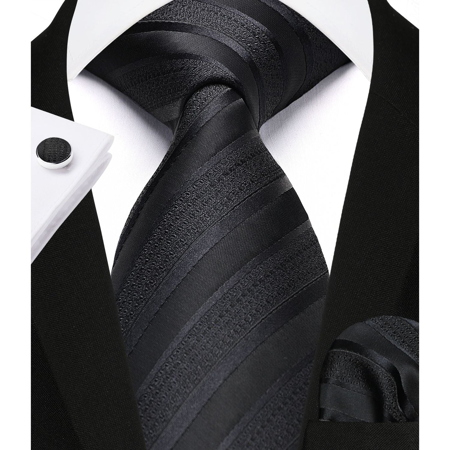 Hisdern Black Striped Wedding Accessories Set with Cufflinks