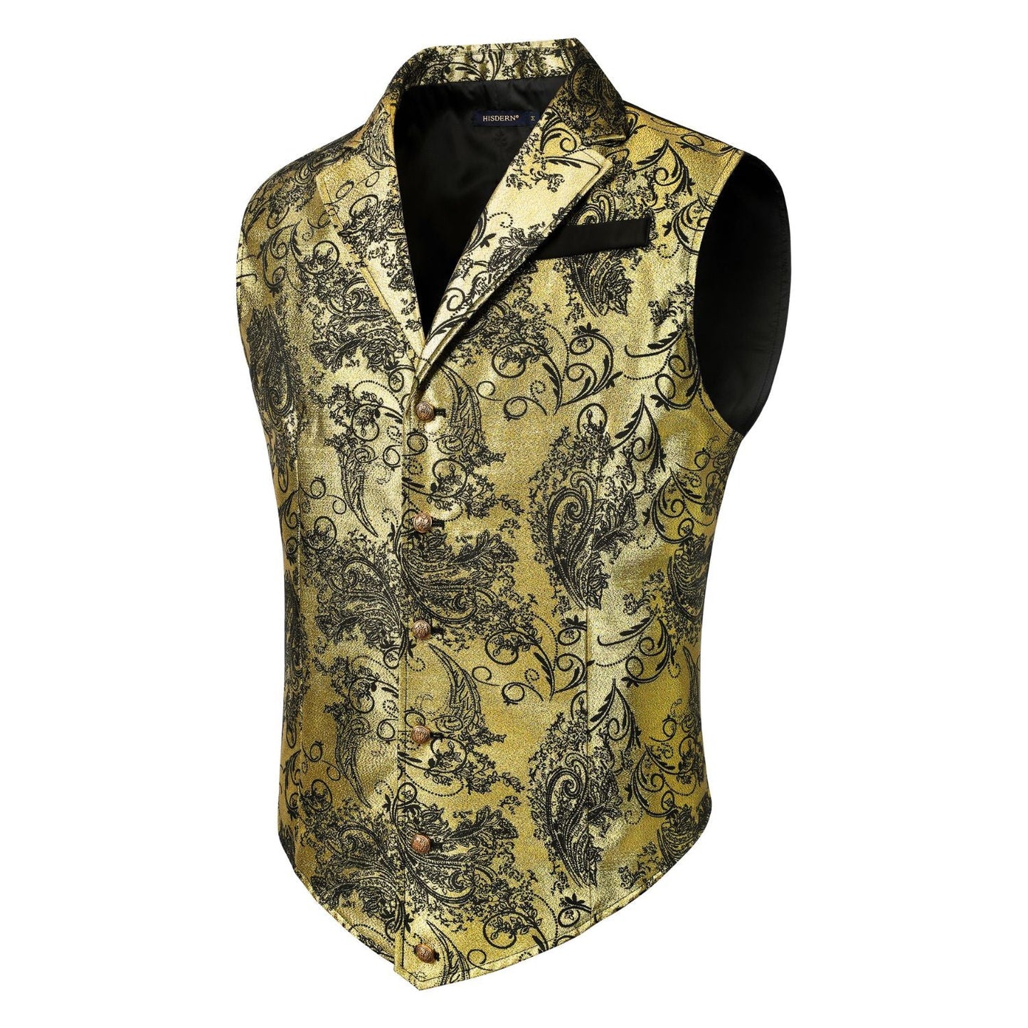 Hisdern Gothic Men's Formal Vest Gold Black Lapel Party Coat