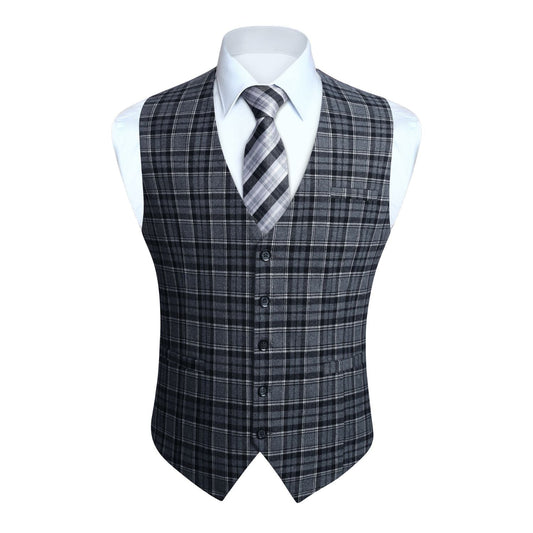 Hisdern Men's Grey Plaid Wedding Vest For Skinny Guys