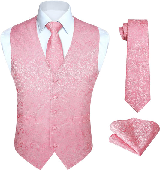Hisdern Men's Pink Paisley Vest Tie Set For Weddings