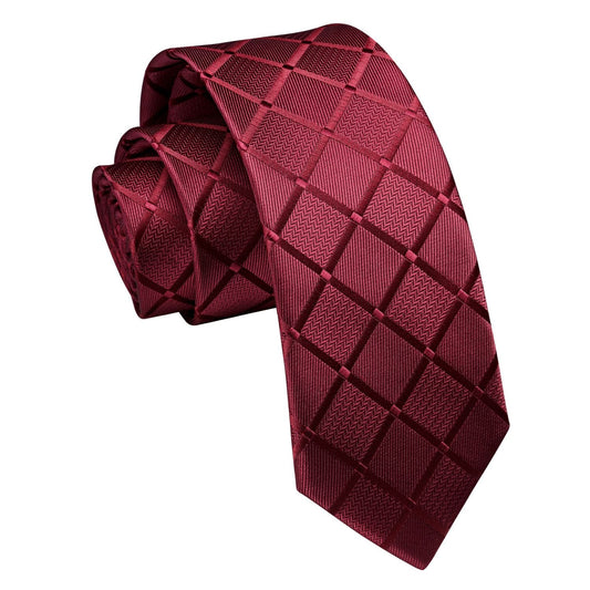 Hisdern Plaid Print Skinny Tie Slim 2.17'' Formal Red Wedding Tie
