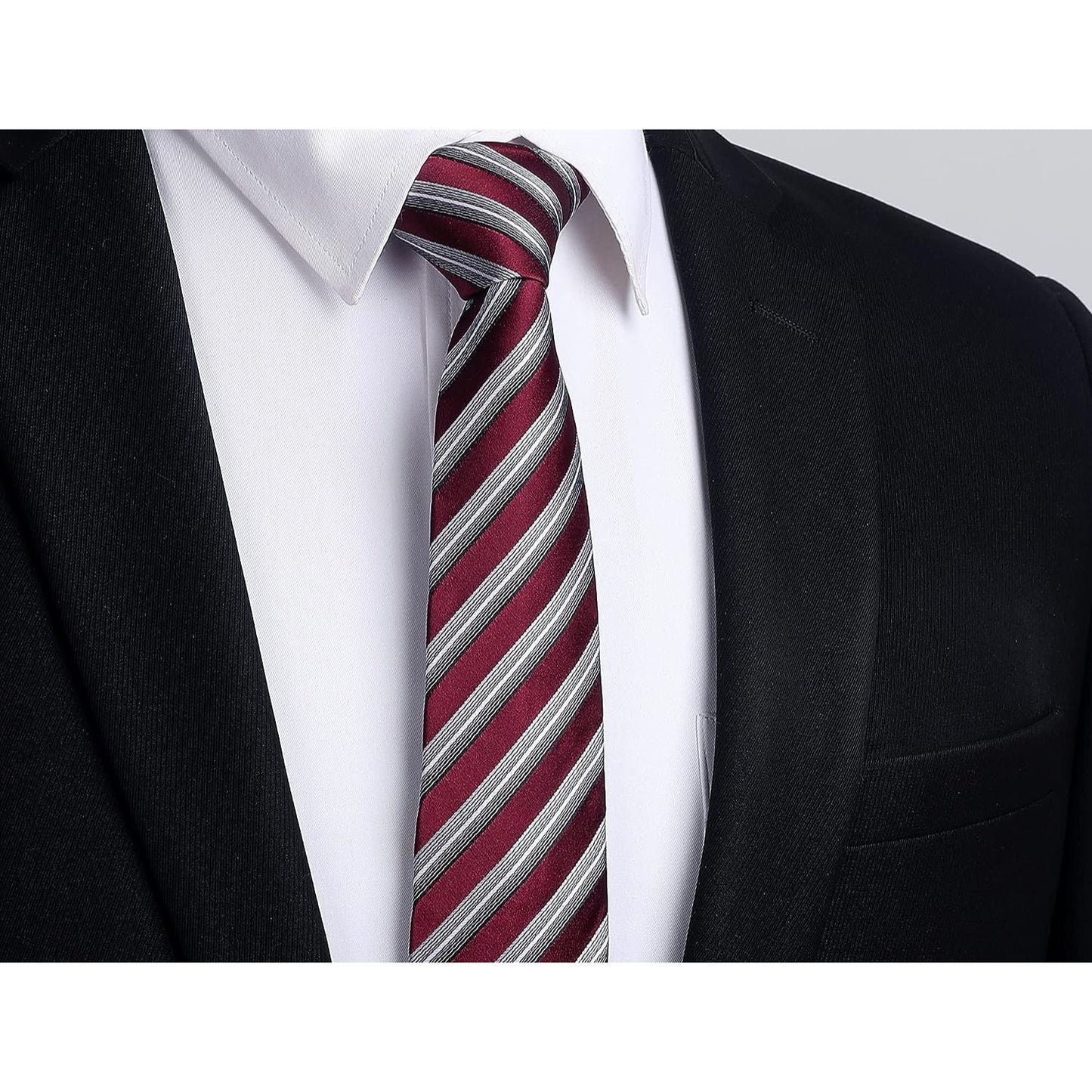 Hisdern Striped Print Skinny Tie Slim 2.17'' Formal Burgundy Wedding Tie