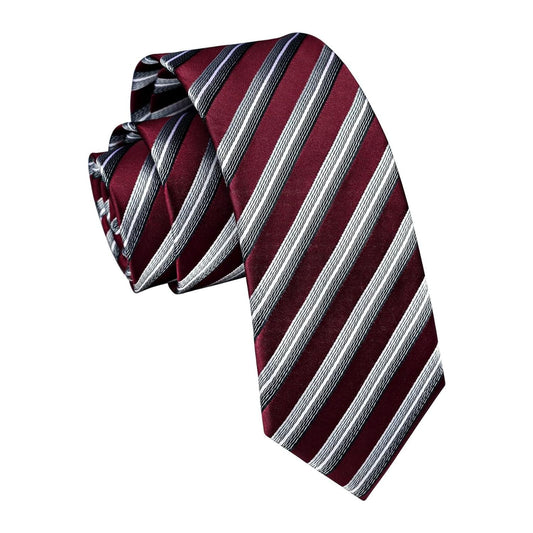 Hisdern Striped Print Skinny Tie Slim 2.17'' Formal Burgundy Wedding Tie