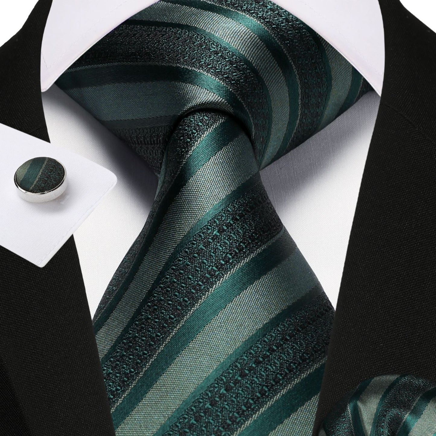 Hisdern Green Striped Business Accessories Set with Cufflinks