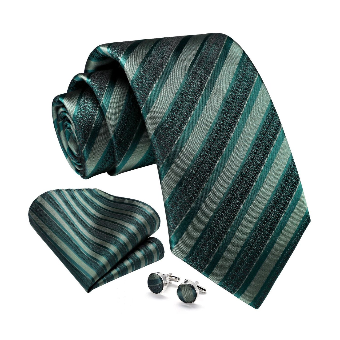 Hisdern Green Striped Business Accessories Set with Cufflinks