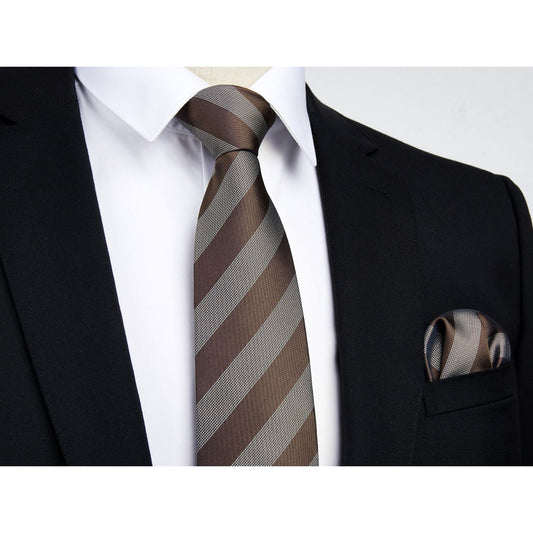 Hisdern Brown Grey Striped Business Tie Set